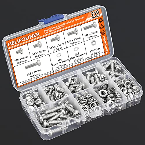 HELIFOUNER 210 Pieces M5 x 6mm /8mm /10mm /12mm /16mm /20mm, Phillips Pan Head Machine Screws, Metric Screws Bolts Washers Nuts Kit, 304 Stainless Steel - size: M5