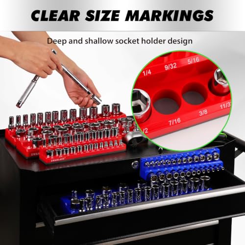 8-Piece Magnetic Socket Organizer Set, SAE & Metric Socket Holders for 1/4", 3/8", 1/2" Drive, Holds 199 Sockets, Rubber-Coated Toolbox Storage Trays, Blue and Red Tool Box Organizer - style: 8PCS Red/Blue