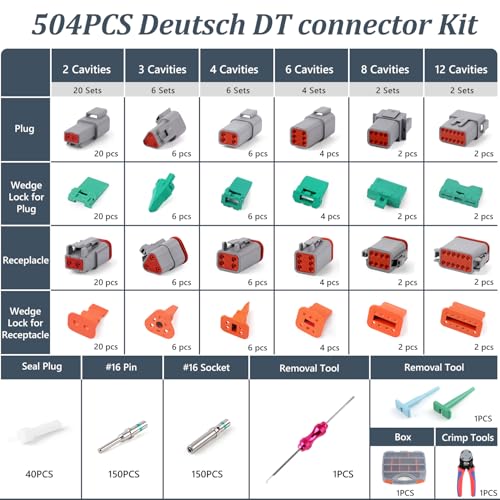 Newdeli 504PCS Deutsch Connector Kit with Crimper 2 3 4 6 8 12 Pin DT Connectors with Deutsch Crimp Tool 14-20AWG Pin Removal Tool Size 16 Solid Contacts Automotive Electrical Wire Connectors - size: DT Connector 504 Pcs Multi-Pin Kit