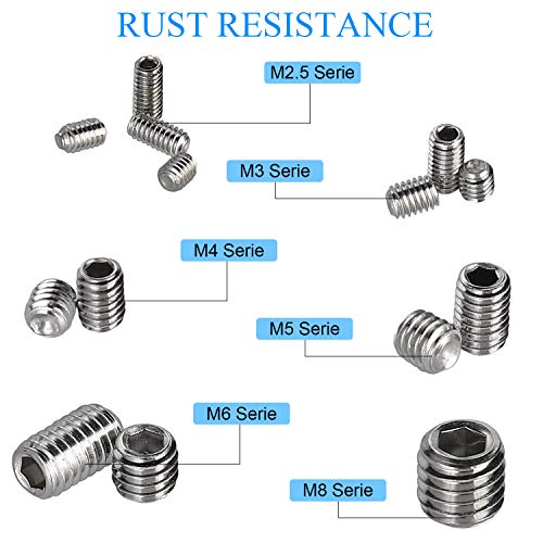 340Pcs M2.5, M3, M4, M5, M6, M8 Metric Hex Socket Head Cup Point Set Screws, Allen Head Grub Screw, Internal Hex Drive Headless Set Screw Assortment Kit with 6 Hex Wrenches, 304 Stainless Steel - color: Silver-340pcs Metric M2.5-M8 Cup Point Set Screw