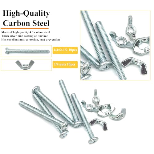 20Pack 1/4"-20 x2-1/2 Screw Bolts and Wing Nut Kit 10pcs Machine Screws with Round Head Phillips 10pcs Butterfly Hand Twist Tighten Nut Zinc Plated Hardware Fitting Fastenings Assortment Kit - size: Silver 20 Pack 1/4"-20 x2-1/2"