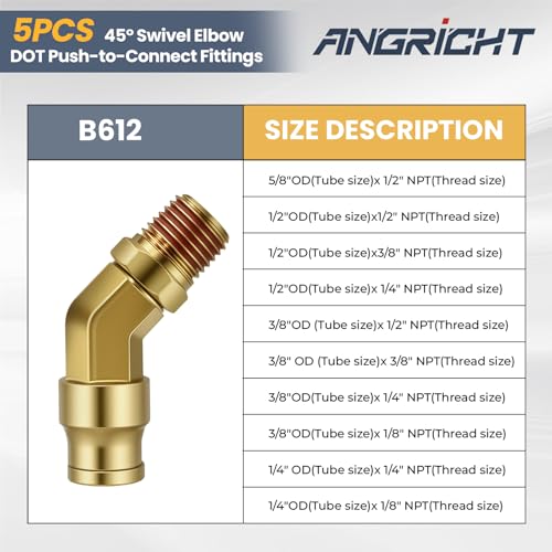 45° Swivel Elbow Push-to-Connect Fittings, 5PCS Brass C36000 Male Elbow Connectors for Nylon Tubing in Pneumatic Systems (3/8"OD x 1/2" NPT) - size: 3/8"OD x 1/2" NPT