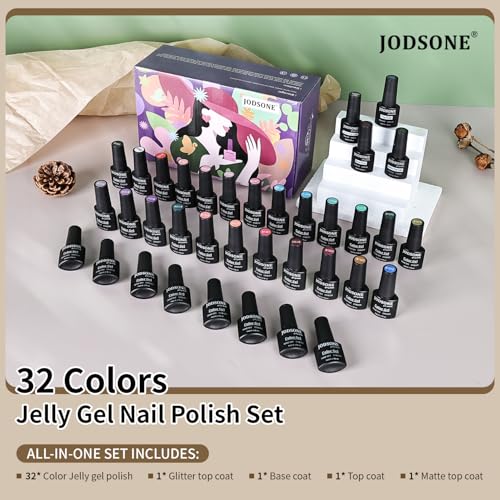 JODSONE Jelly Gel Nail Polish Kit 32 Classic Colors Crystal Transparent High Shine Base & Top Matte Glitter Coat - color: B28