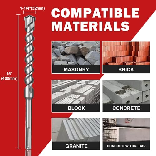 1-1/4" x 15" SDS Max Cross-Tip Rotary Hammer Drill Bit – Upgraded Heat-Treated Carbide Head, Extended Length 400mm for Longer Working Depth, Concrete Drill Bit for Masonry, Brick & Stone - size: 1-1/4" x 15"