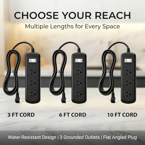 Outdoor Power Strip Weatherproof IPX6, Waterproof Surge Protector with 3 Wide-Spaced Outlets, Flat Plug Heavy Duty Extension Cord for Garden Patio Garage, Wall Mountable, 13A 1625W (Black, 10FT) - size: 10FT