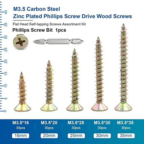 NINDEJIN 151 pcs M3.5 Flat Head Self-Tapping Screws with Yellow Zinc Plated | Carbon Steel, Features A Full-thread Design, Easy to Screw into the Wood, Anchor,for Metal Sheets, Fiberboard, Wooden Boards