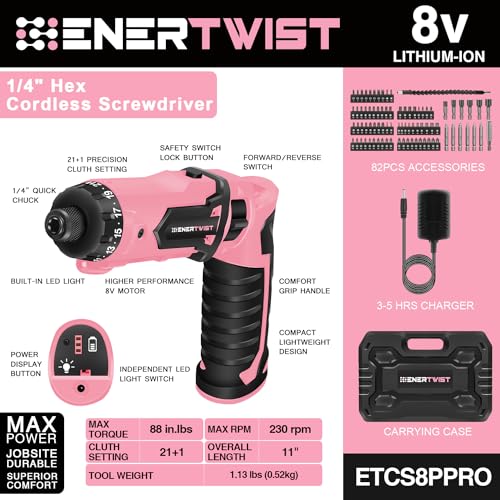 Enertwist Cordless Electric 8V Pink Screwdriver with 82 Accessory Kit - style: 82PCS 8V PINK