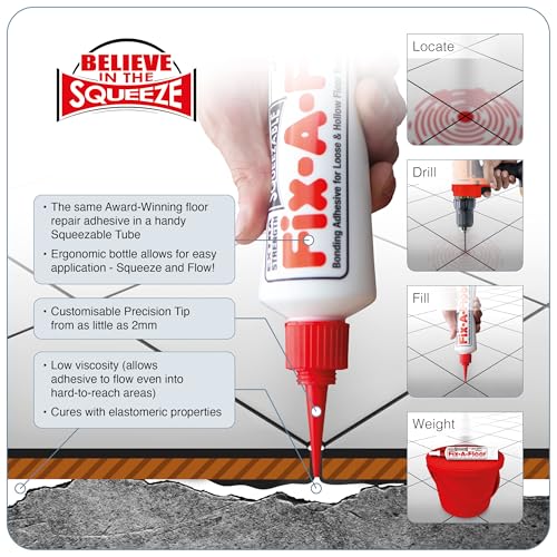The Original Fix-A-Floor Squeezy All-in-One Repair Adhesive for Loose, Hollow, Creaky Tiles & Wood. Just Drill & Fill! Easy Squeezy! Made in The USA!