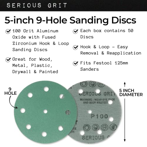 Serious Grit - 5-Inch 9-Hole P100 Grit Sanding Discs - 50 Pack Box - size: 100 Grit