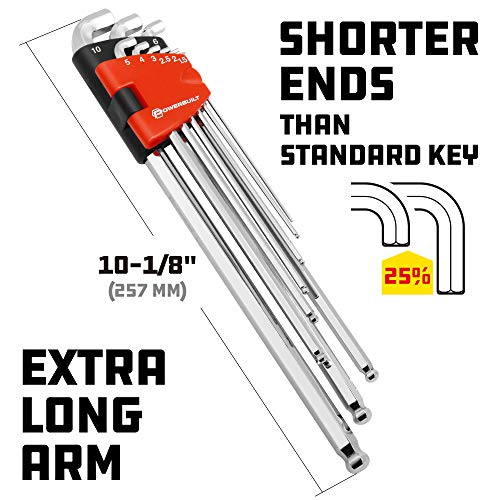 Powerbuilt 9 Piece Metric Stubby Long Arm Ball End Hex Key Wrench Set, Allen Hex Key Wrench, Extra Long Arm, Ball End, size 1.5 to 10mm - 240100 - style: Metric
