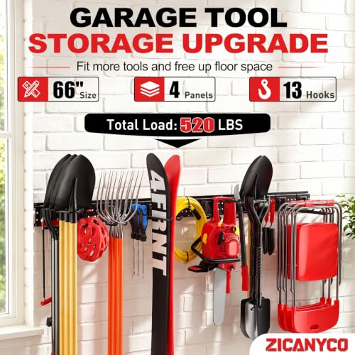 Garage Tool Organizer Wall Mount 66 inches with 13 Adjustable Heavy-Duty Hooks, Garage Organization, Garden Tool Storage Rack, Yard, and Shed, Holds Up to 520 lbs - size: 66" | 4 Panels + 13 Hooks
