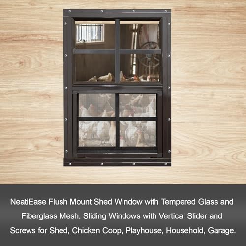 NeatiEase 2 Pack Shed Windows with Black Frame, 12x 18 Flush Mount Small Window with Tempered Glass and Fiberglass Screen for Shed, Chicken Coop, Playhouse, Household, Garage (Brown) - color: Brown, size: 12"x18"