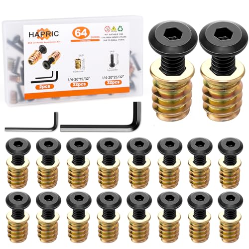 32 Sets Threaded Inserts for Wood Furniture Screws - size: 1/4-20 x 25/32"-60Pcs