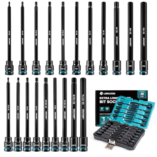 LIBRATON 3/8" Drive Long Impact Hex Bit Socket Set, Allen Bit Sockets | S2 Steel Hex Head Sockets, 20PCS Allen Wrench Socket, SAE&Metric Allen Bit Socket Set, 6" Long Allen Key Socket