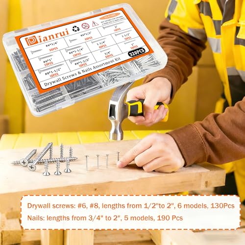 Dianrui Nails & Wood Screws Assortment Kit, 320 PCS #6#8 Philips Drywall Screws Set and High Hardness Hardware Small Nails for Picture Hanging/DIY Repair Project Length 1/2" to 2" - color: Silver, size: 320PCS