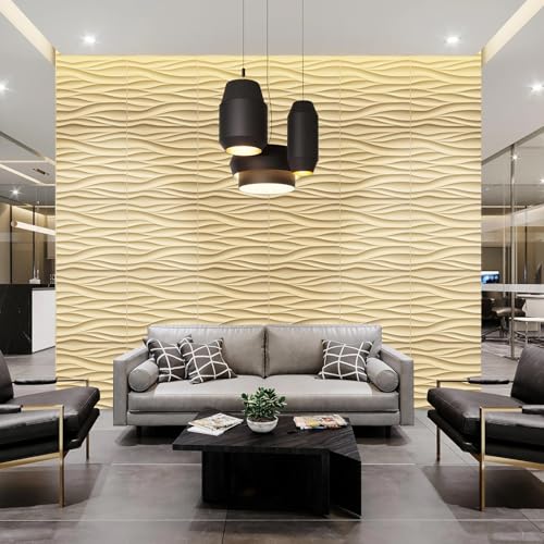 STICKGOO Wave 3D Wall Panels, Light Oak, 19.7''x19.7'', Pack of 12 - color: Light Oak