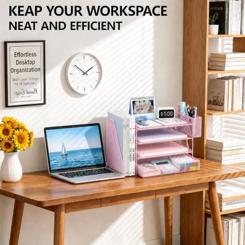 OPNICE Desk Organizers and Accessories, 4-Tier Desktop File Organizer with Drawer and Pen Holders, Office Desk Accessories Workspace Organizers for Office Supplies (Soft Pink) - color: Soft Pink, size: 4T