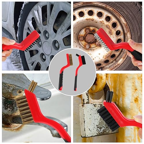 A A IN 6-Pack Wire Brush Set Nylon/Brass/Stainless Steel Bristles with Curved Handle Grip Scratch Brushes for Deep Cleaning and Rust Removing Small Cleaning Brushes-7 Inches (Red)