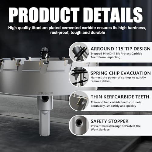Heavy Duty Carbide Hole Saw Set, 3-15/16” (100mm), Extra Deep Cutting Depth of 1.1 Inches (28mm) - Ideal for Stainless Steel, Mild Steel, Iron, Copper, Brass, and Plastic - size: 100mm(3-15/16")