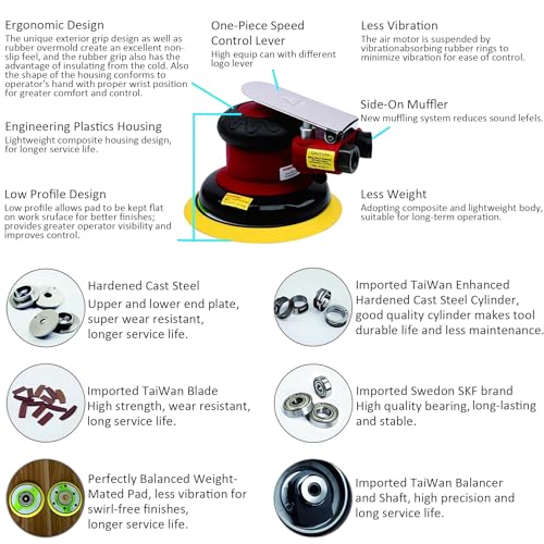Professional Air Random Orbital Palm Sander, Dual Action Pneumatic Sander, Low Vibration, Heavy Duty … (6 inch) - color: Gaoa-z, size: 6 inch