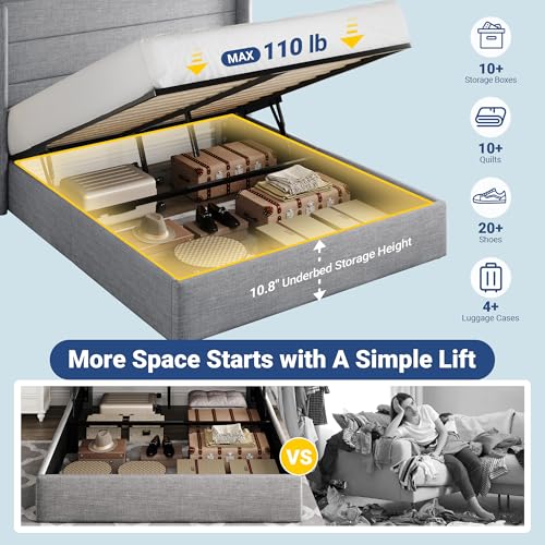 Allewie Queen Size Lift Up Hydraulic Storage Bed Frame Light Grey - color: Light Grey, size: Queen, style: Modern