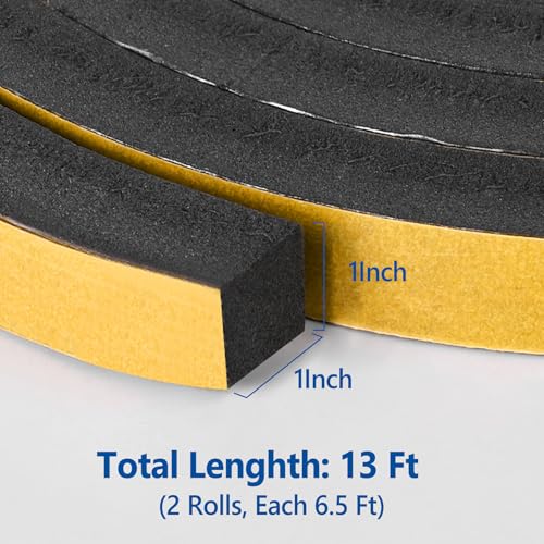 Kikerike Self Adhesive Foam Tape Weatherstrip 1in x 1in x 13Ft High Density Foam Insulation Strips Seal Weather Stripping with Strong Adhesive for Door and Window Sound Isolation Soundproofing - size: 1in x 1in x 13Ft