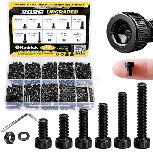 KADRICK 365PCS M4 Screws Kit,Class 12.9 Alloy Steel Hex Socket Head Cap - size: M4 365Pcs