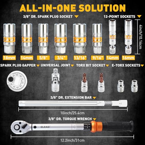 ELEAD 16-Piece Spark Plug Socket Set, 3/8" Drive Swivel Magnetic Spark Plug Removal Tool Kit with Torque Wrench (5–45 lb-ft), E-Torx & Torx Bit Sockets, Extensions & Universal Joint - size: 16-Piece Spark Plug Socket Set