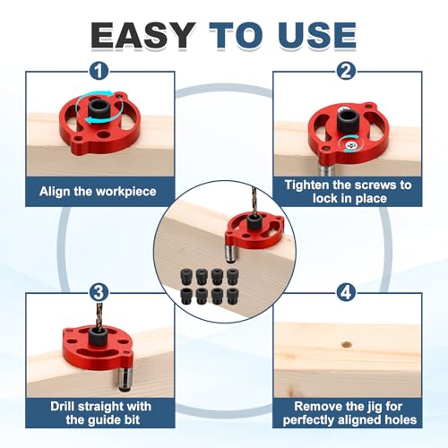 HARFINGTON Self Centering Doweling Jig Kit Straight Holes Puncher Dowel Jig Locator with Drill Bushings(3/4/5/6/7/8/9/10mm) Woodworking Joints Tool for Precise Straight Holes, Red - color: Red