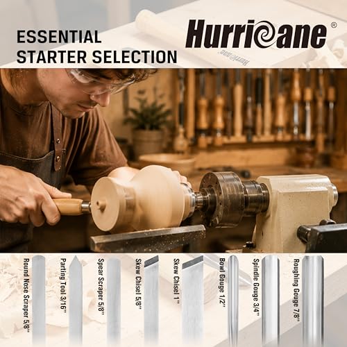 HURRICANE 8pc Wood Lathe Chisel Set, M2 HSS Wood Turning Tools with 10" Solid Hardwood Handles, Lathe Tool Kit for Beginners and DIY Hobbyists, Includes Protective Canvas Pouch - size: 8 pc with Canvas Pouch