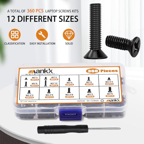 mankk 360PCS Laptop Screws 12 Sizes M2 M2.5 M3 Replacement Computer Tiny Screws Motherboard Screw with Screwdriver for Laptop PC Repair & DIY - color: Black-360PCS