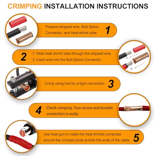 SVAAR 0000 Gauge Flared Barrel Butt Splice Connectors Kit 6PCS 4/0 AWG Non-Insulated Butt Connectors Bare Pure Copper Flared Compression Butt Splices Crimp Butt Terminals+6 PCS Heat Shrinks - color: Bare Copper