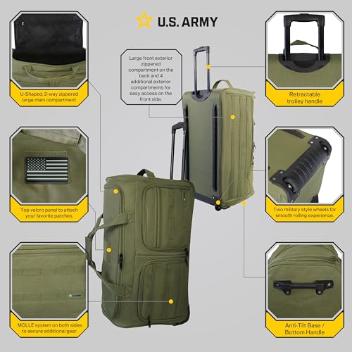 US Army ROMEO 31-inch Large Tactical Duffel Bag with Wheels | Heavy Duty Material, Molle Webbing, Water Resistant Military Rolling Bag for Travel, Deployment, and Camping - Tactical Green - color: Tactical Green, size: 31-inch
