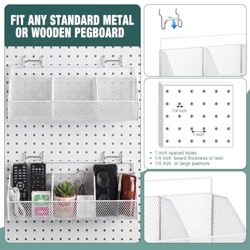Hicarer 2 Pcs Divided Pegboard Baskets with 4 Hooks, 3 Grid,White | White, Wall Mount, Metal Peg Board Organizer Accessories, Pegboard Baskets, Workbench Bathroom Garage Storage, Rust Resistant - color: White