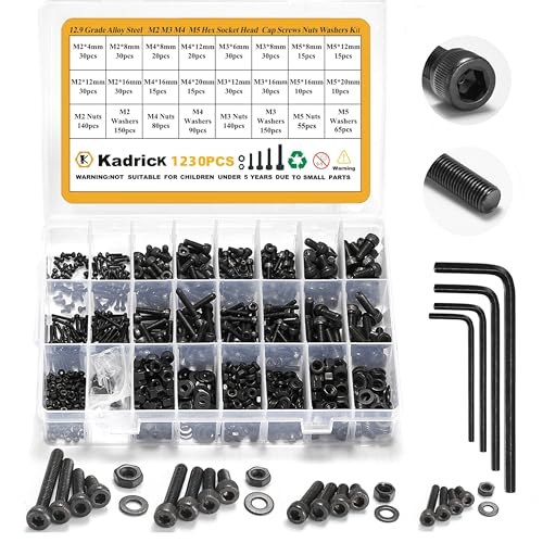 Kadrick M2 M3 M4 M5 Screws Nuts and Washers Assortment, Grade 12.9 Alloy Steel, Hex Socket Head Cap Metric Bolts and Nuts Kit, Black Zinc Palted,Anti Rust Upgrade - size: M2-M5 1230Pcs