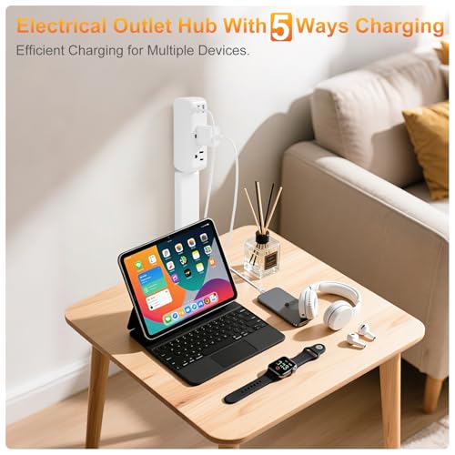Outlet Extender, Electrical Outlet Extender Stick 22-34" Extendable 180° Rotating Wall Charger, EDIEBE USB C Power Socket Expander with 2 AC, 2 USB-A & 1 USB-C for Home Office Behind Couch