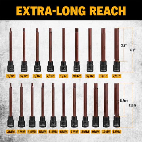 Extra-Long Allen Hex Bit Socket Set: 20-Piece 3/8 Inch Drive, 110mm S2 Steel, Standard SAE & Metric (1/8-Inch - 7/16-Inch, 3-12mm) for Impact Drills and Ratchet Wrenches - style: 110mm Allen Hex Bit Socket Set