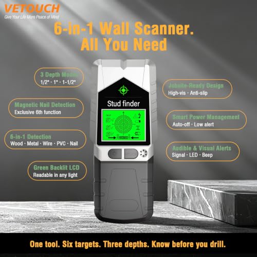 6 in 1 Stud Finder Wall Scanner, Electronic Stud Detector with LCD Display & Sound Alarm, Magnetic Stud Sensor for Wood, Metal, AC Wire, Pipe Detection in Walls, Ceilings, Floors-Silver - color: Silver+ Black