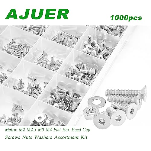 Metric 1000 Pieces M2 M2.5 M3 M4 Flat/Countersunk Head Socket Cap Screws 304 Stainless Steel Cap Bolts/Screws Nuts Washers Assortment Kit with 4Pcs Hex Wrenches - size: sllver 1000pcs hex flat haed cup screw