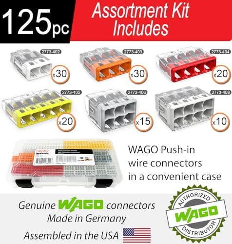 WAGO 2773 Wall Nuts 125pc Push-in Wire Connector Assortment Kit with Case | Splicing for Solid and Stranded Electrical Conductors | 2773-402, 2773-403, 2773-404, 2773-405, 2773-406, 2773-408 - size: 125pc Kit
