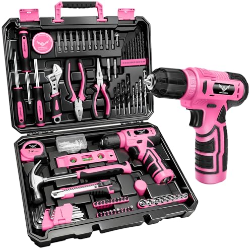 JENABOM 127-Piece Home Tool Set with 8V Pink Cordless Drill - color: Light Pink