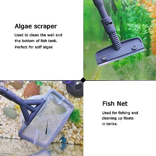 AQUANEAT 6 in 1 Fish Tank Cleaning Tools, Aquarium Cleaner Set with Adjustable Handle, Including Algae Scraper, Sponge Pad, Fish Net, and Brush - size: Large
