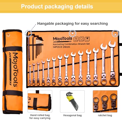 23-Piece Metric Wrench Set, 8-24mm Flex-Head Ratcheting Combination Wrenches with 9 Allen Keys, 72-Tooth CR-V Steel, Organizer Bag