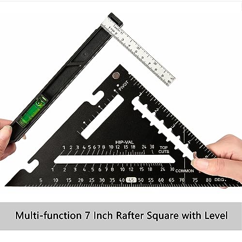 Beslands 7 inch Rafter Square Carpenter with Level, Aluminum Metal Rafter Square Triangle Ruler Carpenter Square Woodworking Layout Tool Aluminum Triangle Tool Stainless Steel Ruler (Black) - color: Black, size: 7" - Level
