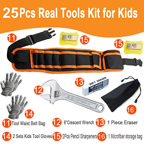 Kids Real Tool Set 25Pcs for Young Builders,Children Size Real Hand Tools Hammer,Kids Educational Tool Belt Waist Junior Boys Teens Beginner Starter Learning DIY Woodworking Construction Repair Set - size: 25 PCS