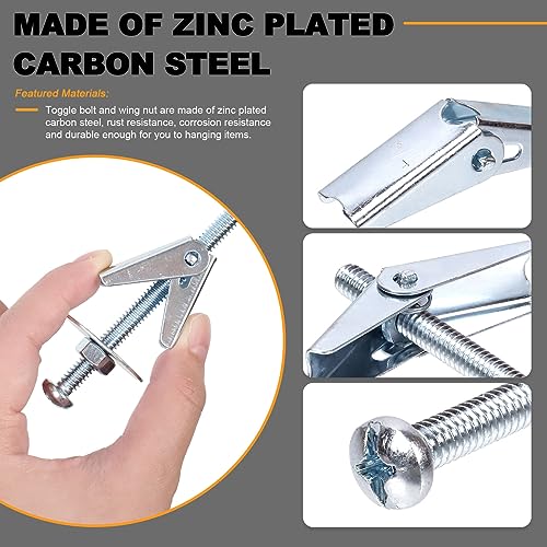 Tanstic 30 Sets 3/16 Inch Toggle Bolt and Wing Nut Assortment Kit, Butterfly Toggle Anchors with Wing Nuts, Hex Nuts, Washers, Hollow Drywall Anchors and Screws for Drywall