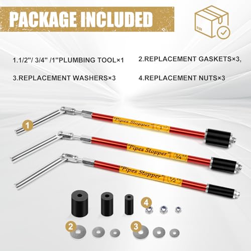 2062 Plumbing Plug Tool Kit, Pipe Water Stopper for for the 1/2", 3/4" and 1" Sized Pipes – 3 Tools + Replacement Gaskets & Nuts