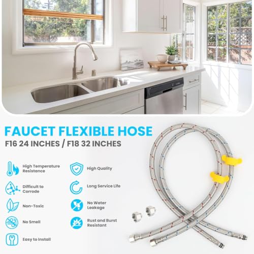 Klabb Sink Faucet Water Line Kit, 32" Flexible Braided Connector Hose