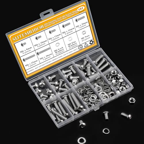 151 Pieces M6 Screws Nuts Washers Set, Sutemribor M6 x 8/10/12/16/20/25/30mm Button Head Socket Cap Screws Nuts Washers Assortment Kit, 304 Stainless Steel, Fully Threaded - size: M6, style: Button Head Socket Cap