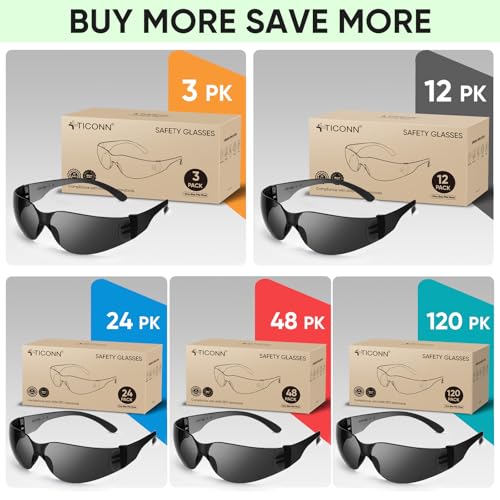 TICONN Clear Safety Glasses for Men & Women, ANSI Z87.1 Safety Goggles - style: 3 Pairs Charcoal